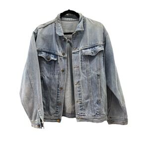 Vintage Oversized Light Wash Denim Jacket 80s 90s Unisex Grunge Distressed Lrge